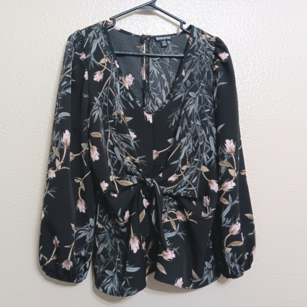 Rosewater Remi Black Green Pink Floral Crepe Tie Front Blouse